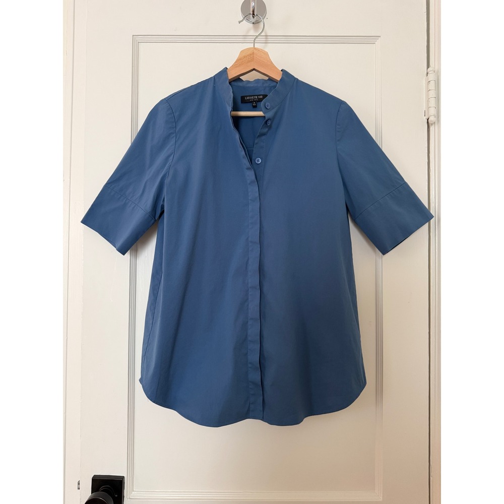 Lafayette 148 NY Blue Mandarin Collar Hidden Placket Short Sleeve Blouse Shirt S